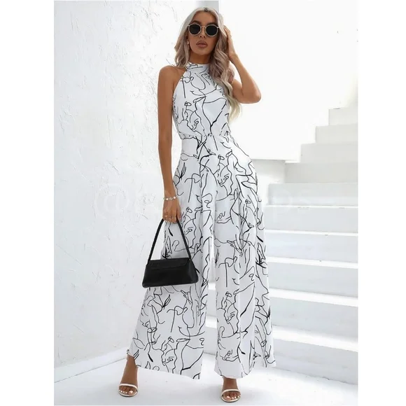 Abstract Print Black on White Long Wide Leg Halter Jumpsuit - Picture 5 of 7